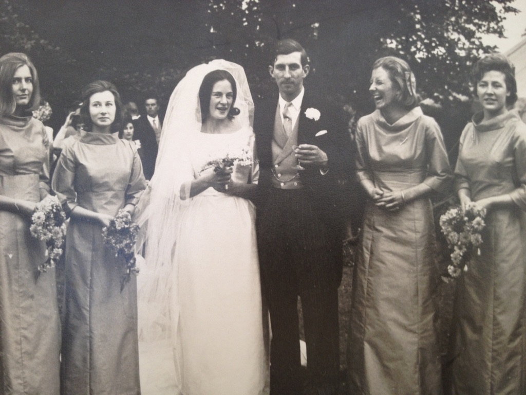 My parents wedding with bridesmaids Eleanor Grene (née Lenox Conyngham), Ginny Mustard (née Crocker), Rosebud McClintock Bunbury, Rita Craigie (née Kinahan).