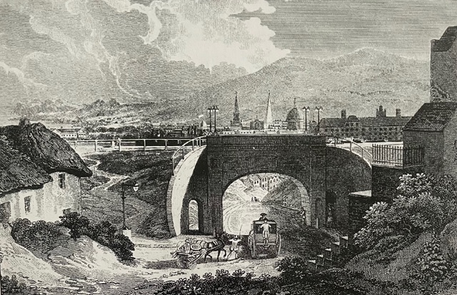 The Foster Aqueduct carries the Broadstone Branch of the Royal Canal across the road to Broadstone Harbour, Dublin.