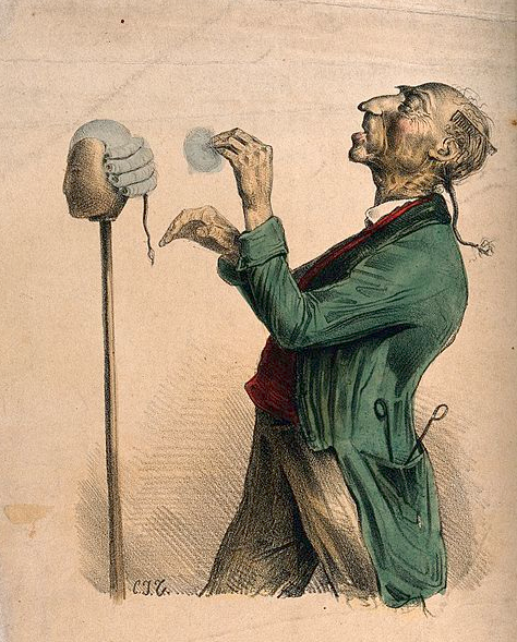 Colour lithograph of a barber powdering a wig on a stand.
