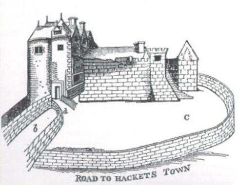Tullow Castle is thought to have started as a motte and bailey circa 1180, built by Hugh de Lacy, and then replaced with a stone castle in the early 13th century. This drawing is by Thomas Dineley from 1680, about thirty years after the castle was captured by Cromwell's Parliamentarians. Stones from the castle are believed to have been used for the construction of Tullow Court House and the houses on Barack Street. With thanks to Chris McQuinn.   