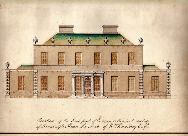 Above: Above: A drawing of the new house at Lisnavagh which Redmond Kane's
son-in-law William Bunbury was planning to build when thrown from
his horse and killed in 1778.