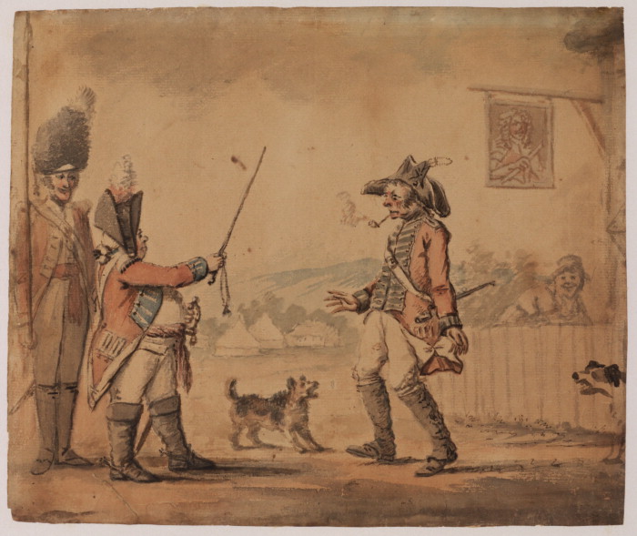 H.W. Bunbury. A soldier leaving tavern is confronted by an officer.