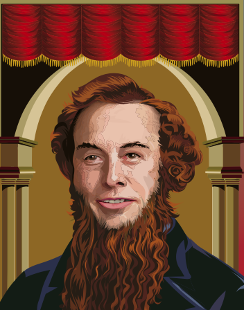 Dick Hooley of Ballina ran one of the most popular opera houses in America in the 1870s. From an Illustration by Derry Dillon, extracted from Past Tracks (2021).