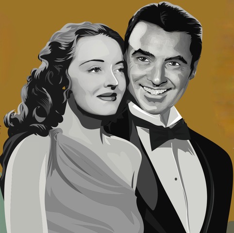 George Brent of Ballinasloe (with Olivia de Havilland) was one of the great movie stars of his generation. From an illustration by Derry Dillon, extracted from Past Tracks (2021).