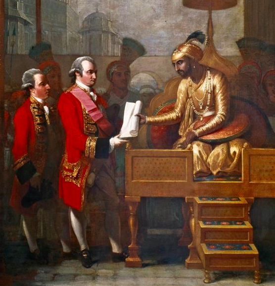 Shah Alam hands a scroll to Robert Clive.