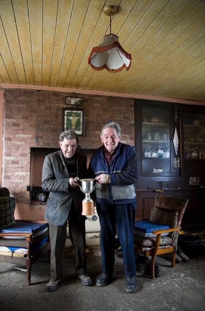Stevie and Timmy Kelleher with the trophy they won for Jet Black. Jet Black won in 1983. ‘I had a dog who I called Jet Black and I kept calling the pony Jet Black so how and ever’, explains Timmy. Photo: James Fennell.