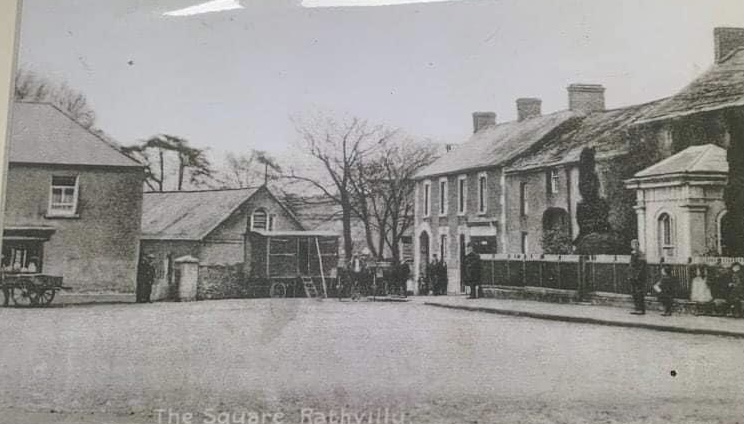 Rathvilly prior to the construction of St Patrick's Church, with the chapel visible to the right of what is now Centra.