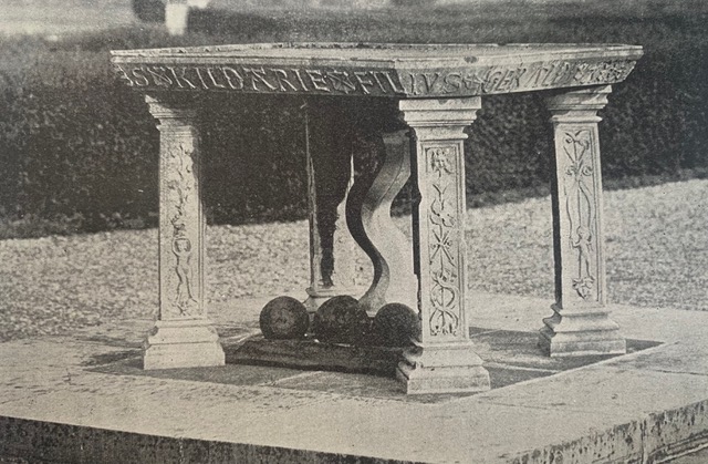 Beneath the Rent Table, 27 slabs surround the four inner base slabs. The tabletop weighs approximately 450 kilos and each leg about 80 kilos. The place where the table stood at Kilkea is still visible by the outline of the original plinth. The three cannonballs below the table were found in the Maynooth vicinity and were probably fired at the castle when Silken Thomas was besieged in 1535. Where are they now!? 