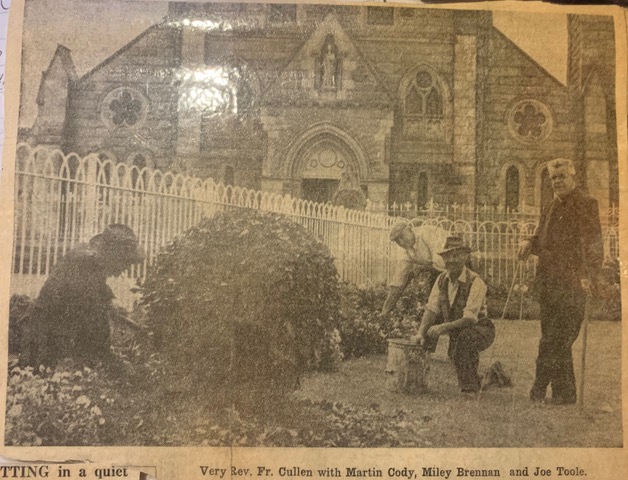 The Very Rev. Fr. Cullen preparing Rathvilly for its Tidy Town victory, with Martin Cody, Miley Brennan and Joe Toole.