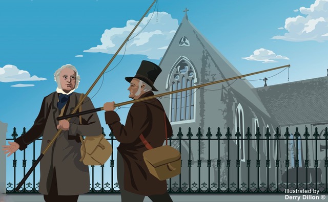 George Peabody and his Quaker friend John Bright beside St Joseph’s Church, Castleconnell. Illustration: Derry Dillon.