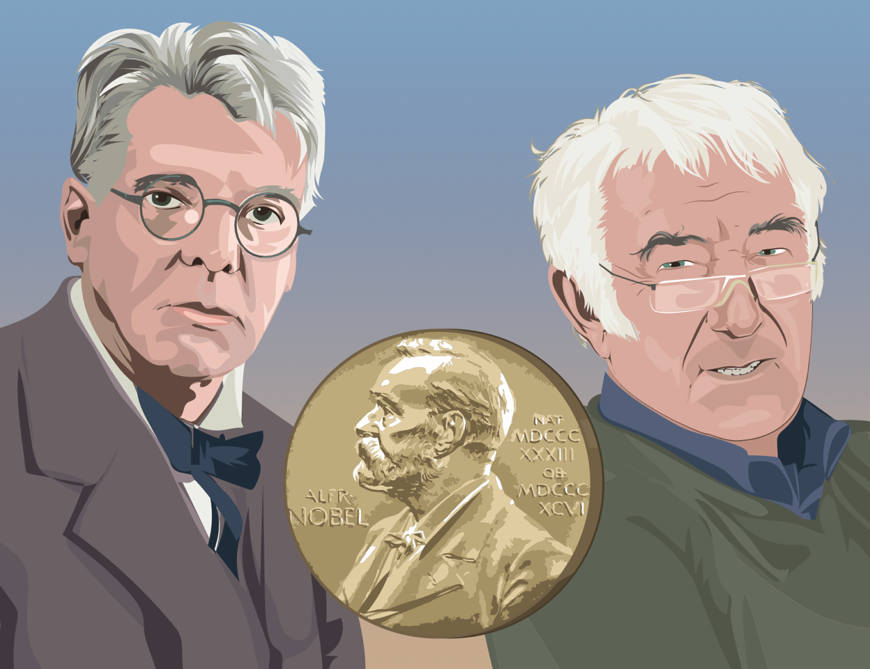 W. B. Yeats and Seamus Heaney. Illustration: Derry Dillon.