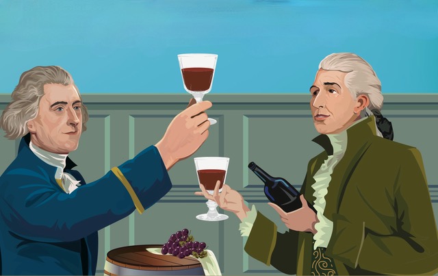 Jefferson tastes Bordeaux wine. Illustration: Derry Dillon.