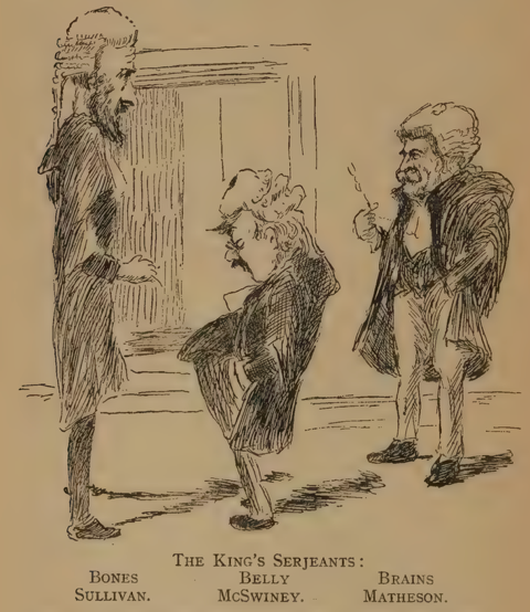 ‘The King’s Serjeant’s’ by
Norman Kough depicted Charles
Louis Matheson as ‘Brains’ alongside
Alexander ‘Bones’ Sullivan and George
‘Belly’ McSweeney [sic.] The sketch
first appeared in A.M. Sullivan’s ‘Old
Ireland’ book, published in 1927.
