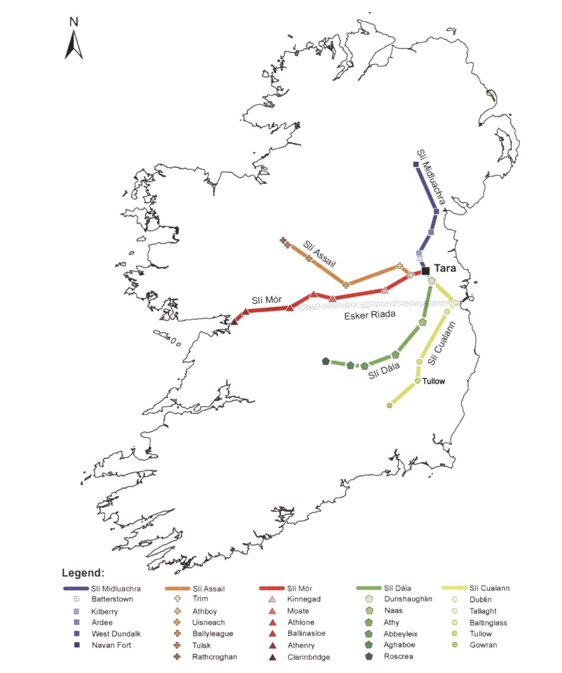 Adapted by David Cahill and based on representation of the five major Slighe (routeways),
according to Muiris O’Sullivan, and Liam Downey in ‘Early Historic Routeways’ in
Archaeology Ireland, (Dunlin, Autumn 2015), p. 17. (Courtesy: editor, Archaeology Ireland).