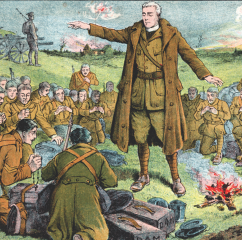 Close up: "The Night Before the Battle" is an unusual depiction of the soldiers of the 16th (Irish) Division on the eve of the Battle of Guillemont, 3rd September 1916. Major Willie Redmond later recalled how the soldiers were all set for some shut-eye when Father Willie Doyle, the Catholic chaplain, arrived into their midst.