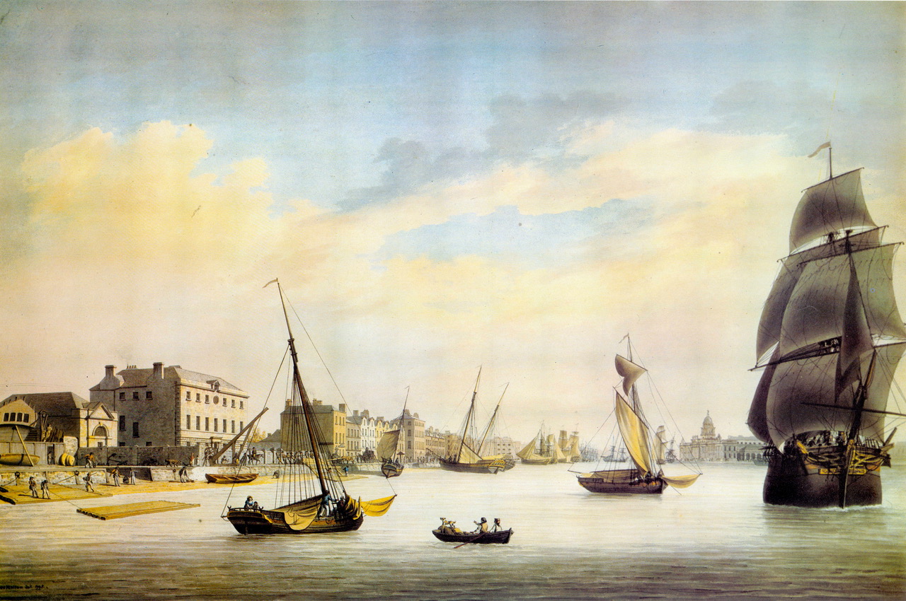 The Royal Hibernian Marine School dominates Sir John Rogerson's Quay, on the south bank of the Liffey in A Picturesque and Descriptive View of the City of Dublin (1791) by James Malton