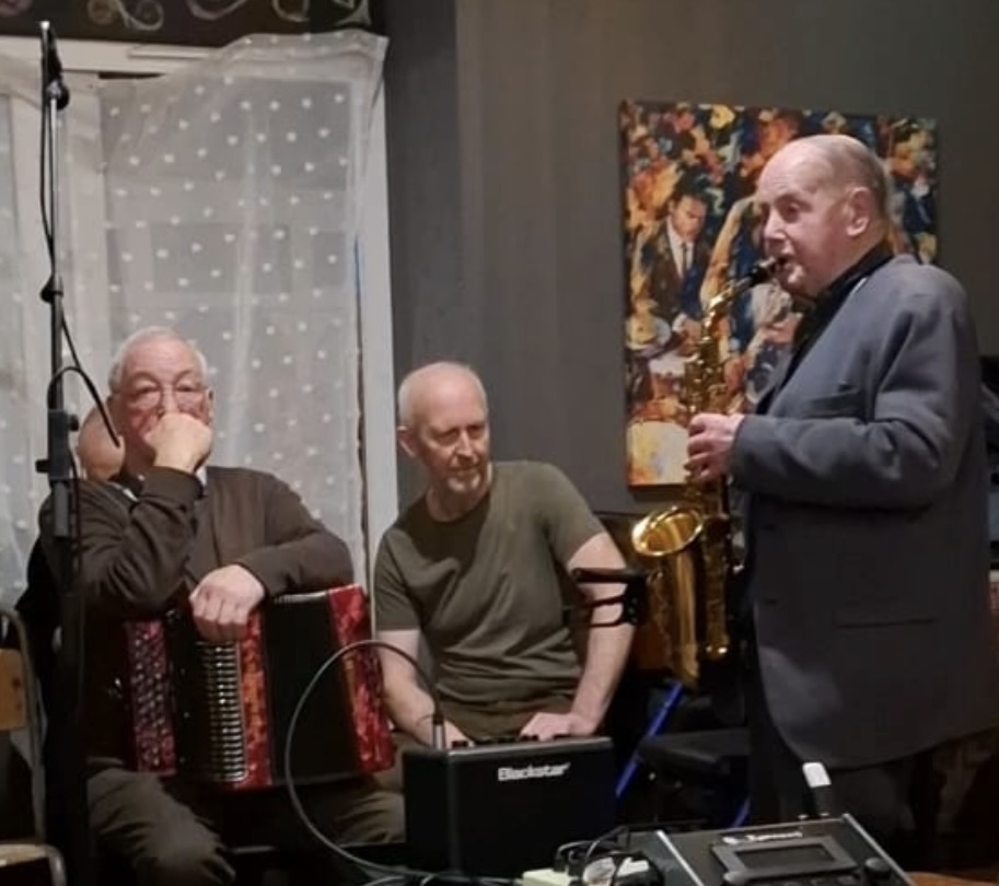 Patsy Coady on the sax, with Dan O’Connor (MC) and Seamus Clynch of Baltinglass at the 2024 Rambling Night in Lawlor’s of Rathvilly