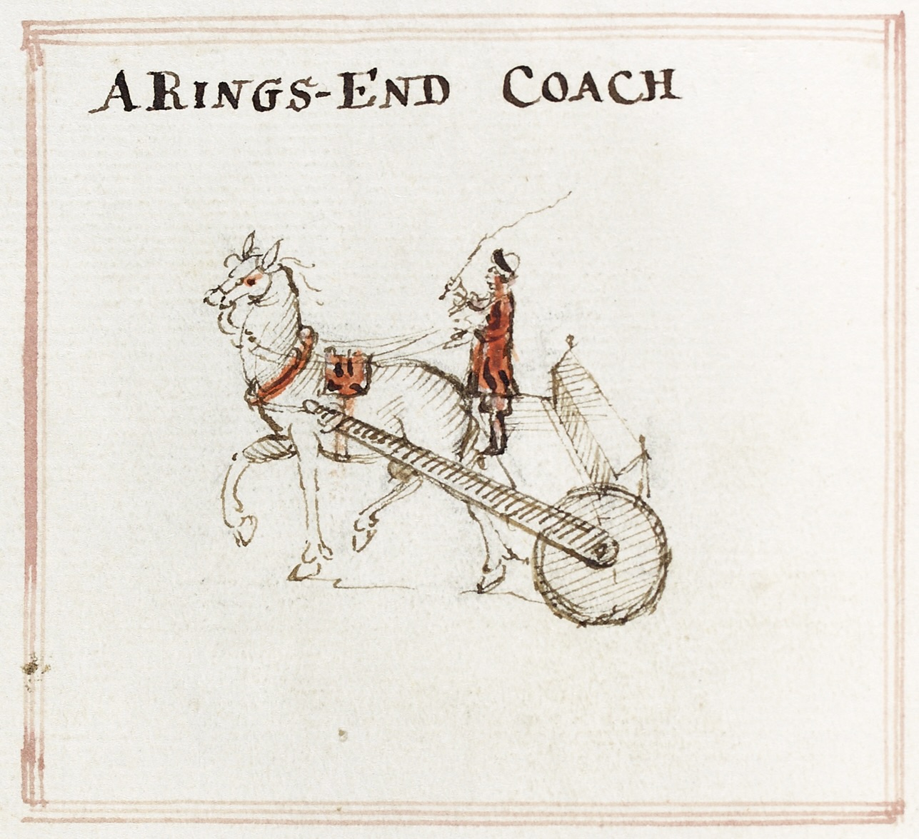 NUI Galway’s Ireland Illustrated database has a sepia and red ink wash drawing titled “A Rings-End Coach”, showing a one‑horse block‑wheel cart with passengers